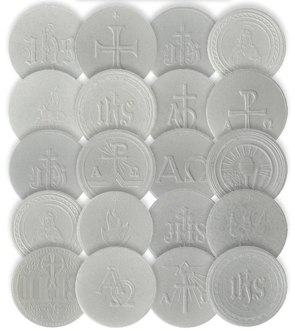 Generic 2 7/8" White Celebrant Altar Breads, Traditional Symbols Assortment, Made in Poland,