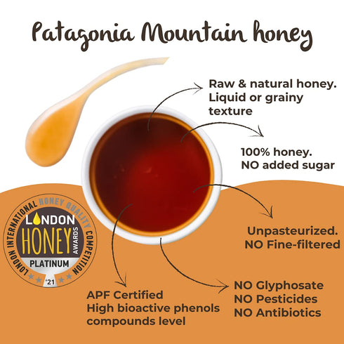 200+ 100% 17.6 oz Patagonia Mountain Honey APF by TERRA ANDES PLUS | Raw natural organic honey. Highest bioactive