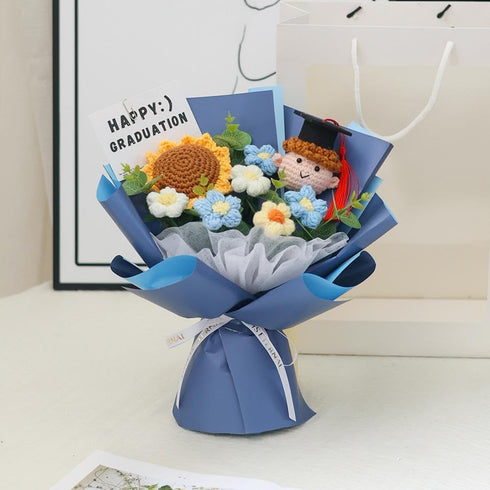 Generic 2026 Graduation Crochet Flower Bouquet Knitted Grad Doll,Handmade Crochet Flower Bouquet with Sunflower