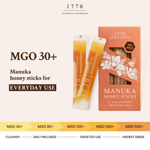 1770 30+ 30 15g, Naturally Australian MGO Manuka Honey Sticks x Organic Honey for Tea, Yogurt, & Travel Snacks