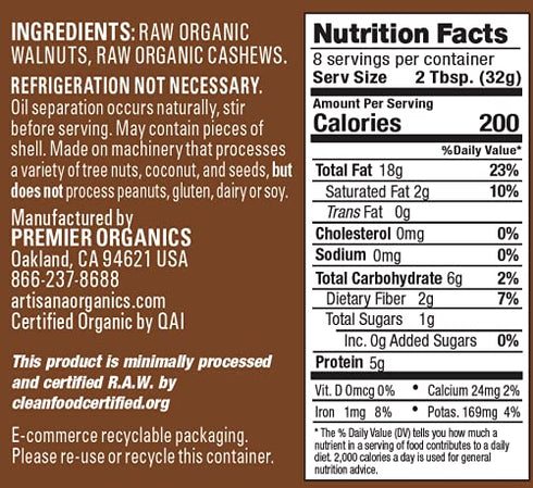 9oz Artisana Organics Raw Walnut Butter with Cashews | No Sugar Added, Just Two Ingredients - Vegan, Paleo, and Non