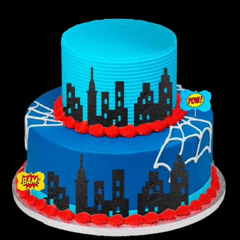 Scenic Theme Stick On/Lay On Cake Border Decoration Toppers - Super Hero Lighted City Backdrop