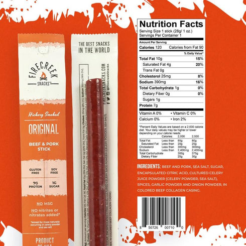 FireCreek Snacks 20 Pack (1 oz), 7g 1g Beef Sticks by , Hickory Smoked Meat Sticks (Jerky Sticks), Original, Protein