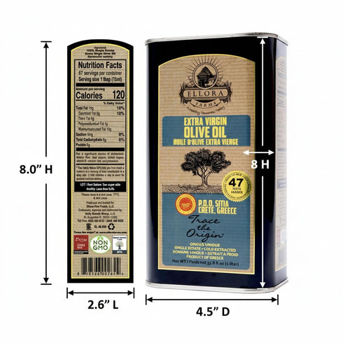 1 (33.8 oz.) Ellora Farms, Greek Extra Virgin Olive Oil, Certified PDO SITIA, Single Estate, Single Origin, High