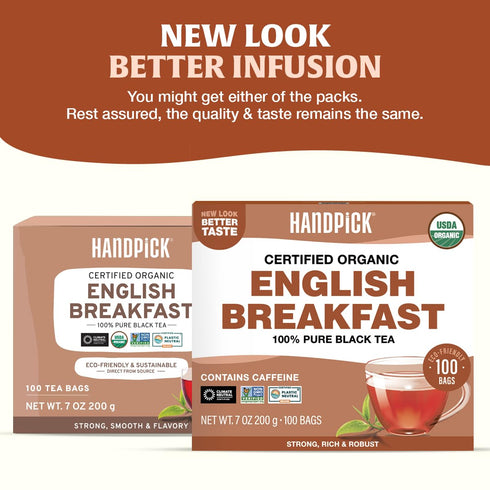 (100 Count) HANDPICK, Organic English Breakfast Black Tea Bags USDA Organic, Non-GMO | Strong, Robust, High-Caffeine