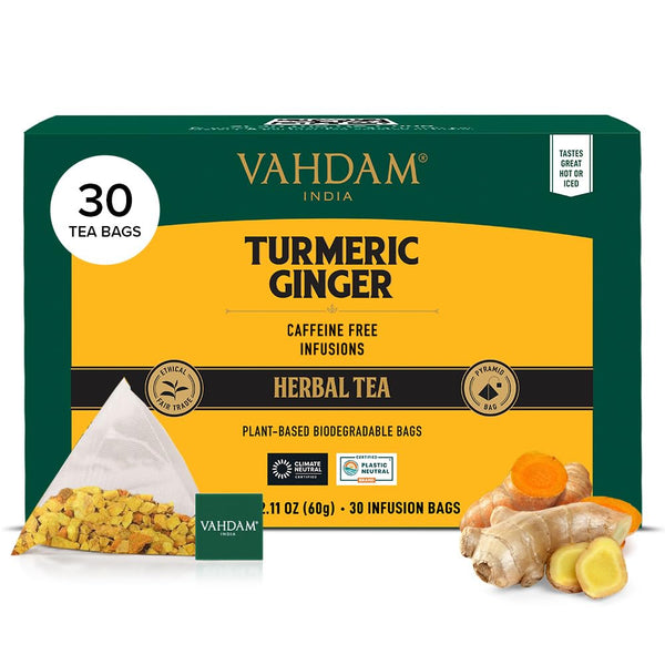 VAHDAM, Turmeric Ginger Herbal Tea Bags (30 Pyramid Tea Bags) Caffeine Free,