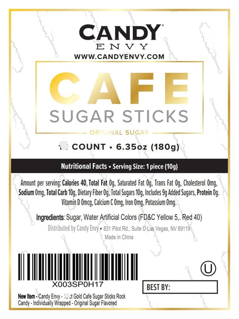 18 Candy Envy - Gold Caf Sugar Sticks Mini Rock Candy - Individually Wrapped Gold Treats - Original Sugar Flavored