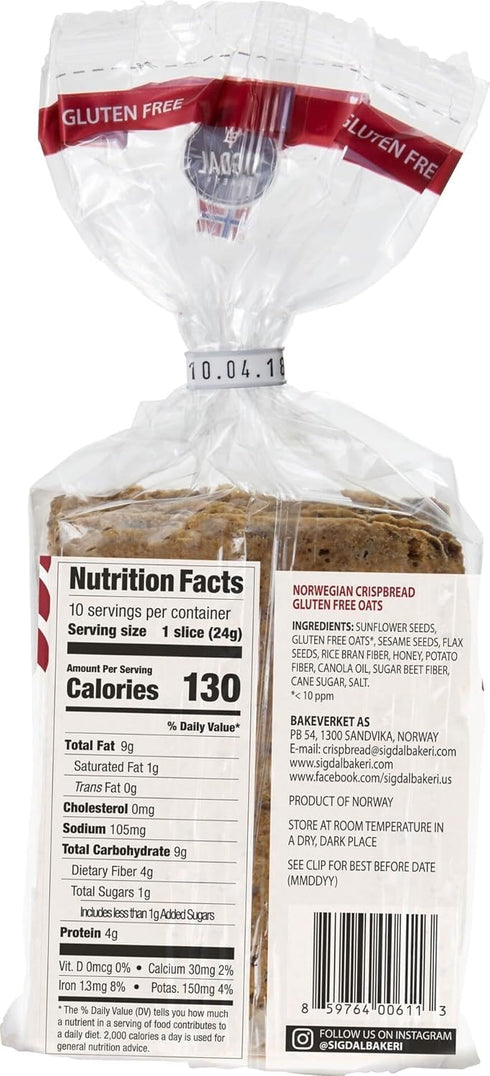 8.29 oz (235g) (Pack 2) Sigdal Bakeri Gluten Free Oats | Norwegian Wholegrain Crispbread | All Natural, Non-GMO