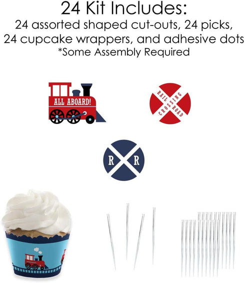 Set 24 Big Dot of Happiness Railroad Party Crossing - Cupcake Decoration - Steam Train Birthday Party or Baby Shower