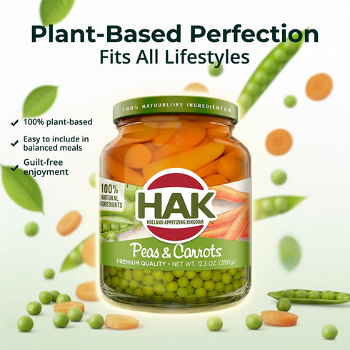 Hak 12.3oz 6 Pack Green Peas with Carrots in Glass Jar - Ready-to-Eat Mixed Vegetables with Sea Salt & Water - Canned