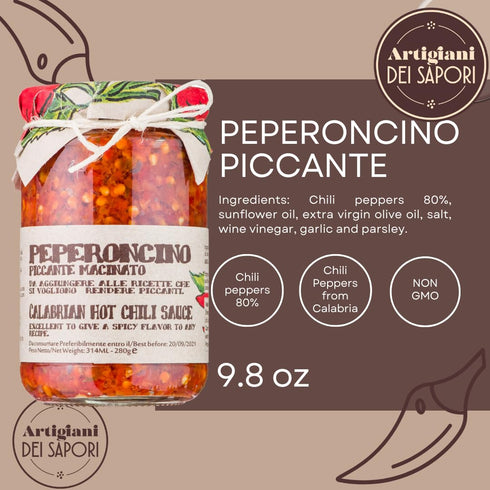 9.8 oz, ARTIGIANI DEI SAPORI - Crushed Calabrian Chili Peppers In Oil Glass, Italian Hot Chili Sauce, Peperoncini