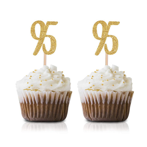 Gold Happy 95th Birthday Cupcake Topper, 24-Pack Number 95 Glitter Decorations for Birthday Party