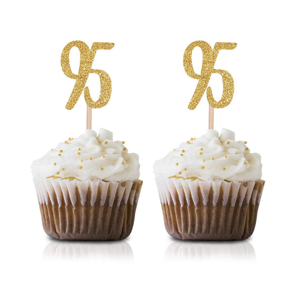 Gold Happy 95th Birthday Cupcake Topper, 24-Pack Number 95 Glitter Decorations for Birthday Party