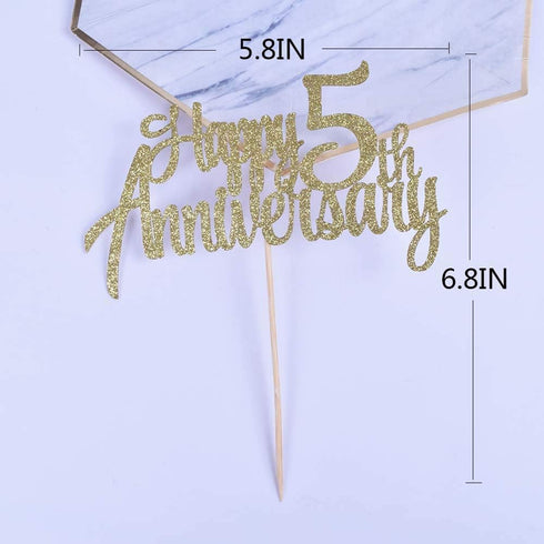 5th Anniversary Party Decoration, Gold Glitter Cake Topper
