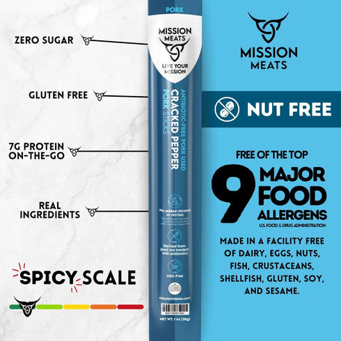 30, 1oz (24ct) Mission Meats Pork Meat Sticks Antibiotic Free, Sugar Free, Individually Wrapped, AIP Friendly