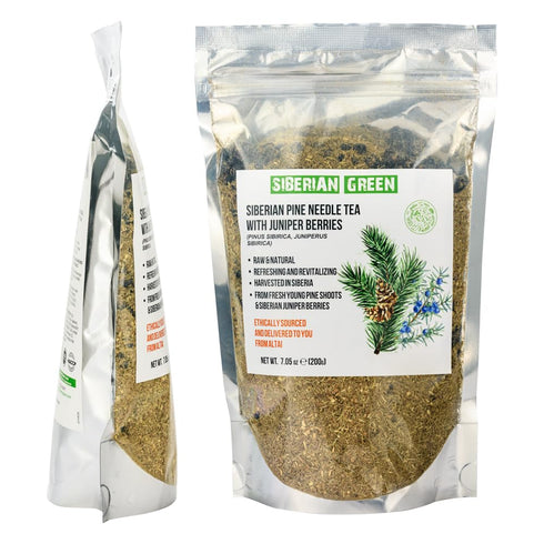 200g (7.05oz) Siberian Green Pine Needle Tea Loose Powder with Juniper Berries Wild Harvested Pinus Sibirica Juniperus