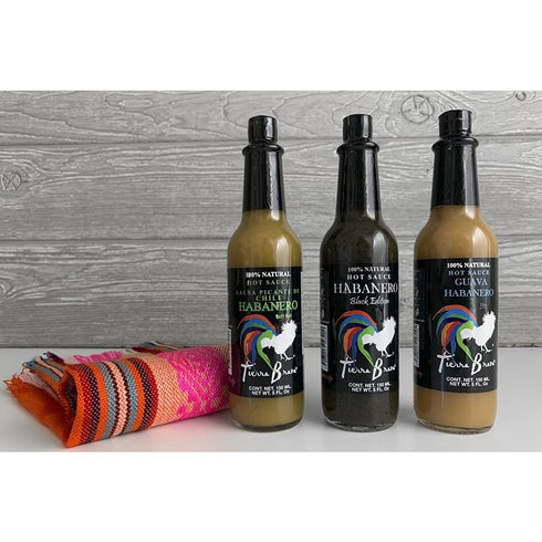 Set 3 5 oz Habanero Hot Sauce Trio & Servilleta Napkin, Tierra Brava by Verve CULTURE, of Different Flavors, Each