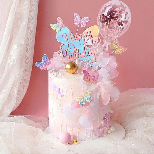 Newmemo 12pcs Gradient Sequins Butterfly Cake Toppers - Rose Gold Confetti Balloon Cake Supplies for Birthday Wedding