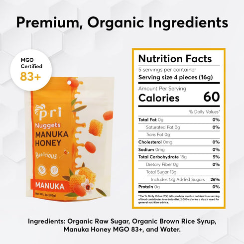 P.R.I Manuka Honey Nuggets, Sweet All Natural Hard Candy Treat, 3oz