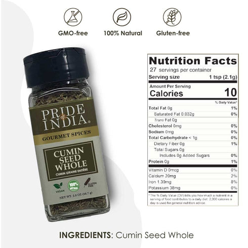 Pride of India – Cumin Seed Whole – Gourmet Indian Spice, Fresh Quality Seeds, 2 oz. Small Dual Sifter Bottle