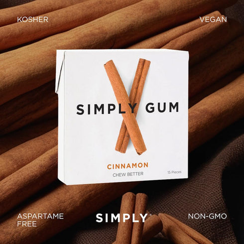 Simply Gum | Cinnamon | Plant-Based Chewing Gum | Pack of Six (90 Pieces Total) | Synthetic Free, Aspartame Free,
