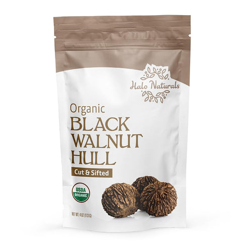 Halo Naturals 4 Packaged Organic Black Walnut Hull Cut & Sifted, Ounces (Juglans nigra) USDA Certified | Resealable