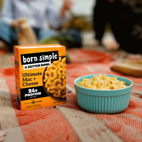 24g 11 oz (Pack 6) Born Simple Ready to Eat Meals with Sporks, Ultimate Mac and Cheese, Improved Recipe - Protein