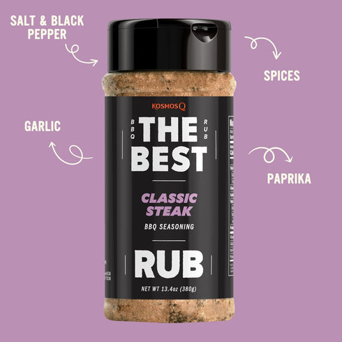 13.4 oz Kosmos Q The Best Classic Steak Seasoning Rub, Garlic Pepper & Paprika BBQ Meat Dry Rub for Prime Rib, Pork