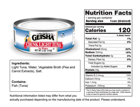 5oz(Pack 24), 3 GEISHA Chunk Light Tuna In Water of Canned Skipjack Tuna | No Trans Fat - No Sugar Added Kosher