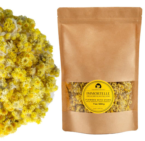 GRIGORIAN GOURMET Immortelle (Helichrysum Pallasii) 7 OZ (200g) Dried Flowers with Stems, Loose Herbal