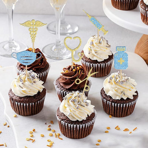BoningNEW 24 Pcs Blue Gold Nursing Cupcake Toppers for Medical Rn Themed Cake Picks Nursing Themed Birthday Party