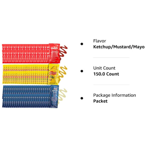 150 pack 50 150 Pack, Chronos Condiment assortment gift - Single Serve Pouches of Each: Ketchup, Mustard, and Mayo