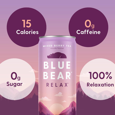 8.4 Oz (12 Pack) Blue Bear Relax Tea, Ready-to-Drink Iced Tea, Mixed Berry Calming & Relaxation Tea for Stress Relief