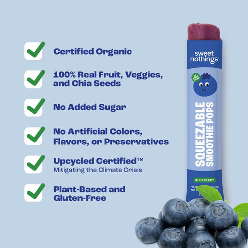 Pack 24 Sweet Nothings, Blueberry, USDA Organic Kids' Squeezable Super Fruit Smoothie Freezie Pops, Value