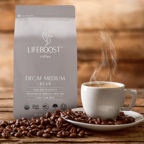 12 oz Lifeboost Medium Roast Swiss Water Decaf Whole Bean Coffee - Low Acid Organic Decaf Coffee, Non-GMO, USDA