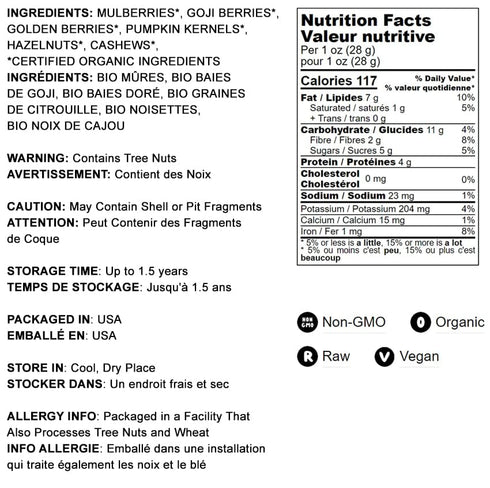 4 Mulberries, Food to Live Organic Antioxidant Trail Mix, Pounds Contains Goji Berries, Golden Berries, Pumpkin Seeds