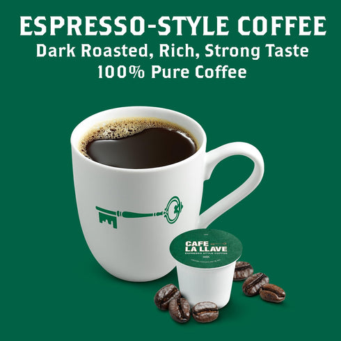 55 Count Cafe La Llave Dark Roast Coffee Pods, Espresso Style, Compatible with Keurig Brewers, Single Serve Rich Bold