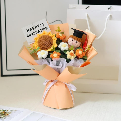 Generic 2026 Graduation Crochet Flower Bouquet Knitted Grad Doll,Handmade Crochet Flower Bouquet with Sunflower