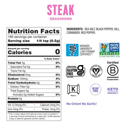 Fody Foods Vegan Steak Spice Blend, Flavorful Grilling Seasoning, Low Fodmap Certified, Gut & IBS Friendly, 3.2oz