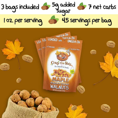4.5 oz (6-Pack) 3 Crazy Go Nuts Walnuts - Maple, - Healthy Snacks, Vegan, Low Carb, Gluten Free, Superfood - Natural