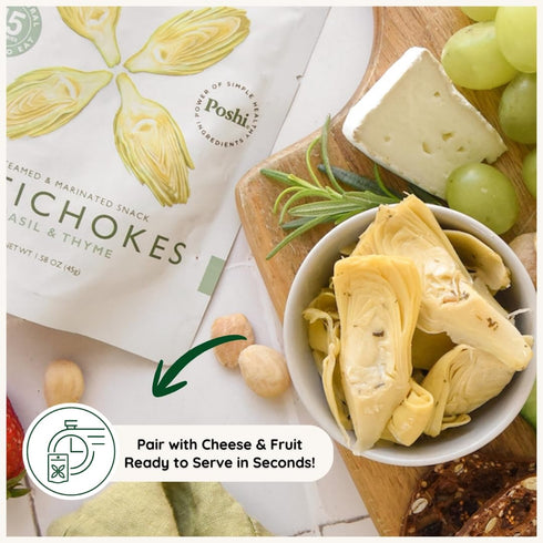 Pack (10 Pack, 1.58 oz) POSHI Artichoke Hearts with Basil and Thyme Ready-to-Eat Snack Vegan, Keto, Low Carb, Gluten