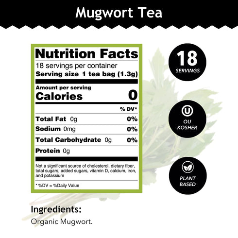 18 Organic Mugwort Tea, Bleach-Free Tea Bags Organic Tea Improves Digestion, and Acts as an Emotional Relaxant, No GMOs