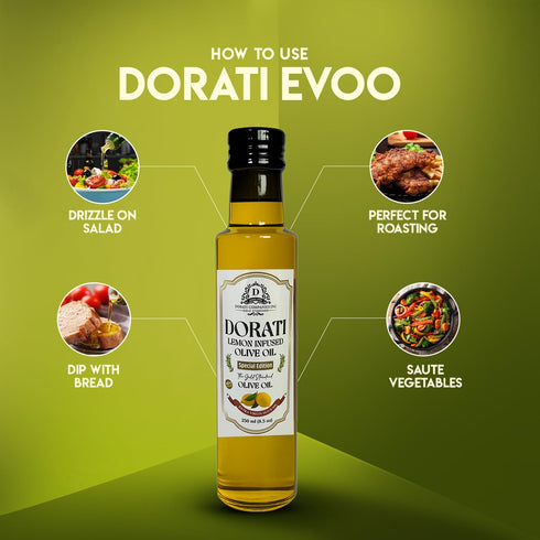 250ml (8.5 oz) DORATI Lemon Infused Extra Virgin Olive Oil Italian First Cold Pressed Olive Oil, Polyphenol Rich