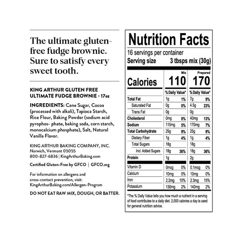 King Arthur Gluten Free Fudge Brownie Mix, Certified Gluten-Free, Non-GMO, Kosher, 17 Ounces
