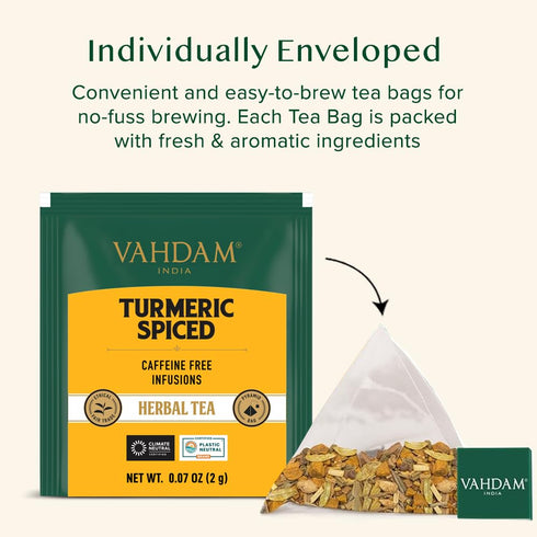 VAHDAM Turmeric Spice Herbal Tea Bags (30 Count), Caffeine-Free, Non-GMO, Gluten-Free, 100% Pure Herbal Tisane - Savory