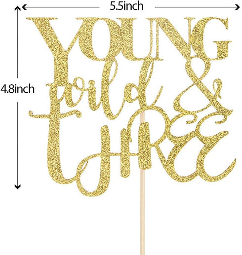 WeBenison Young Wild & Three Cake Topper - Happy 3rd Birthday Decorations for Boy or Girl, Gold Glitter