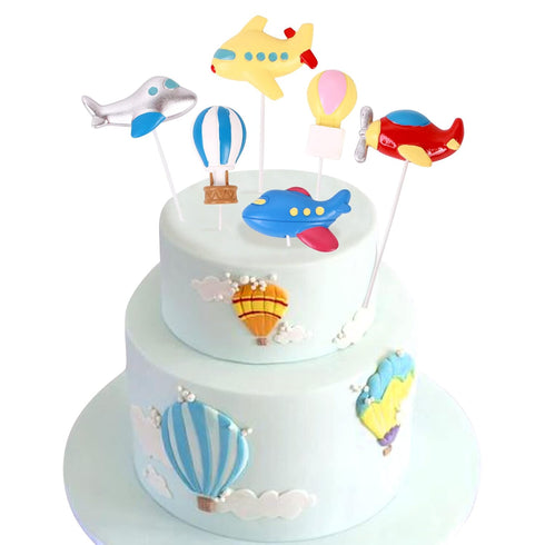 Ercadio 6 Pack Airplane Cake Toppers, 2D Hot Air Balloons Cake Picks for Baby Shower Birthday Party Decorations
