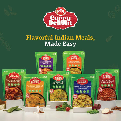 100% 2-285g Pack 6 MTR Curry Delight - Authentic Indian Ready-to-Eat Green Peas & Sweet Potato Curry - Gluten-Free, No