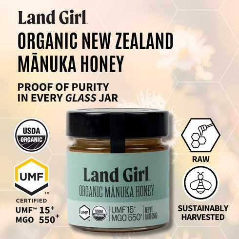 Land Girl 15+, 550+, 8.8 oz Organics New Zealand Raw Premium Manuka Honey | Monofloral, USDA Certified Organic