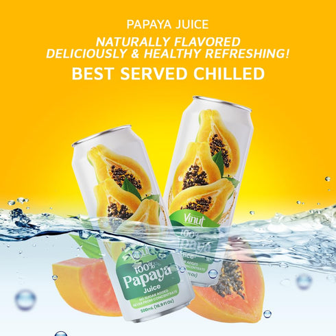 100% 16.9 oz (500 mL) Pack 12 VINUT Papaya Juice, No Sugar Added, Never From Concentrate, fl Can